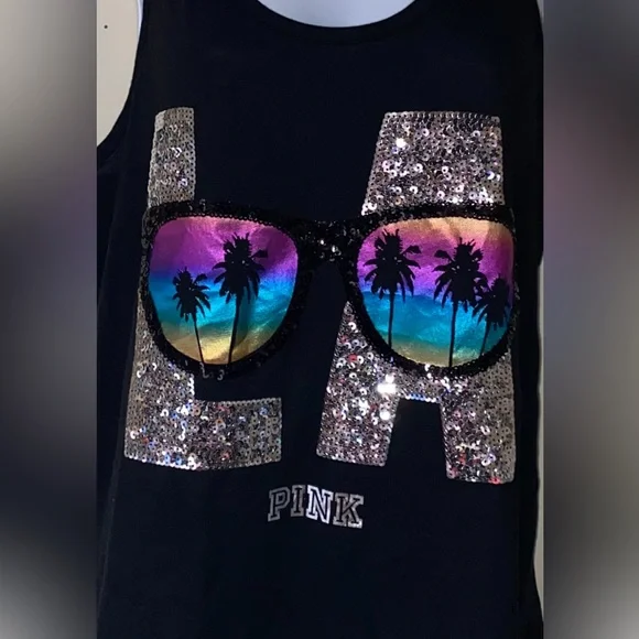 Victoria’s Secret pink destination bling top LA sequin bling tank sunglasses tee - Picture 9 of 9